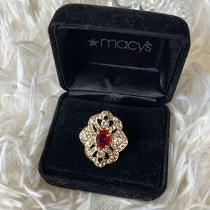 Red Stone Oversized Ring, Costume Jewelry, Rhinestoned Gold Ring size 8